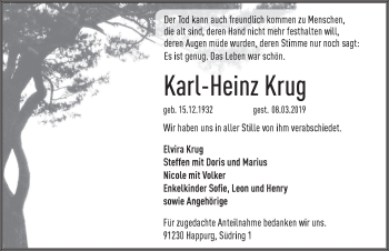 Traueranzeige von Karl-Heinz Krug von Hersbrucker Zeitung