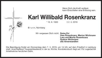 Traueranzeige von Karl Willibald Rosenkranz von Der Bote
