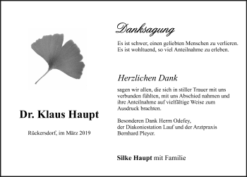 Traueranzeige von Klaus Haupt von Pegnitz-Zeitung