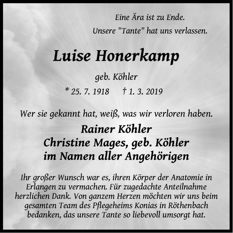  Traueranzeige für Luise Honerkamp vom 04.03.2019 aus Pegnitz-Zeitung