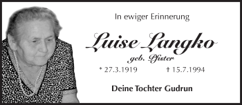 Traueranzeige von Luise Langko von Pegnitz-Zeitung