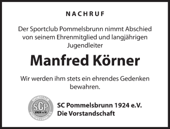 Traueranzeige von Manfred Körner von Hersbrucker Zeitung