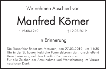 Traueranzeige von Manfred Körner von Hersbrucker Zeitung