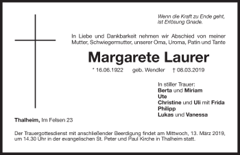Traueranzeige von Margarete Laurer von Hersbrucker Zeitung