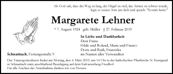 Traueranzeige von Margarete Lehner von Pegnitz-Zeitung