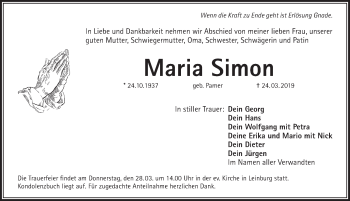 Traueranzeige von Maria Simon von Pegnitz-Zeitung