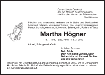 Traueranzeige von Martha Högner von Der Bote