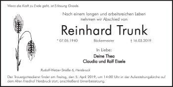 Traueranzeige von Reinhard Trunk von Hersbrucker Zeitung