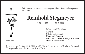 Traueranzeige von Reinhold Stegmeyer von Der Bote