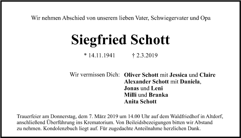  Traueranzeige für Siegfried Schott vom 05.03.2019 aus Der Bote