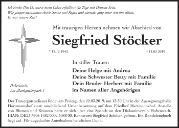 Traueranzeige von Siegfried Stöcker von Hersbrucker Zeitung