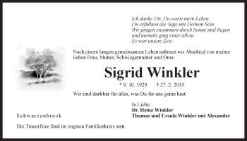 Traueranzeige von Sigrid Winkler von Der Bote