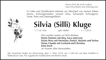 Traueranzeige von Silvia Kluge von Pegnitz-Zeitung