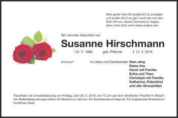 Traueranzeige von Susanne Hirschmann von Der Bote