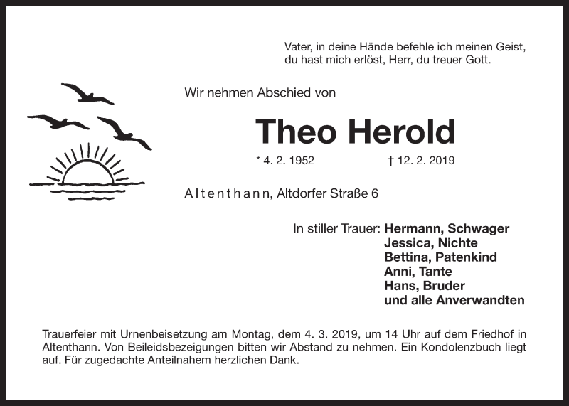  Traueranzeige für Theo Herold vom 01.03.2019 aus Der Bote
