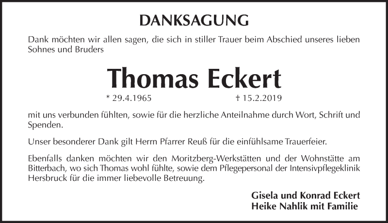  Traueranzeige für Thomas Eckert vom 02.03.2019 aus Pegnitz-Zeitung