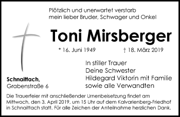 Traueranzeige von Toni Mirsberger von Pegnitz-Zeitung