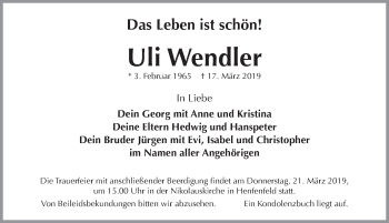 Traueranzeige von Uli Wendler von Hersbrucker Zeitung