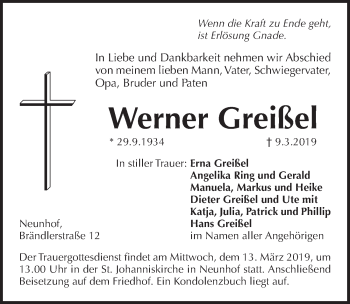 Traueranzeige von Werner Greißel von Pegnitz-Zeitung