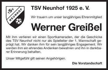 Traueranzeige von Werner Greißel von Pegnitz-Zeitung