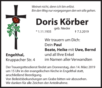 Traueranzeige von rikDoris Körber von Hersbrucker Zeitung