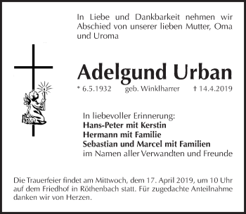 Traueranzeige von Adelgund Urban von Pegnitz-Zeitung