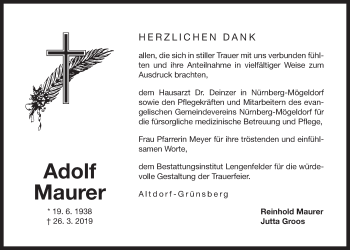 Traueranzeige von Adolf Maurer von Der Bote