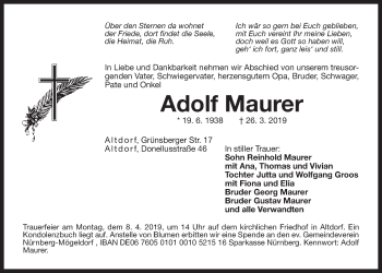 Traueranzeige von Adolf Maurer von Der Bote