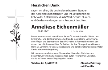 Traueranzeige von Anneliese Eichenmüller von Hersbrucker Zeitung