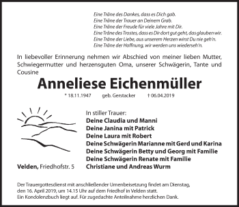 Traueranzeige von Anneliese Eichenmüller von Hersbrucker Zeitung