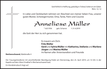 Traueranzeige von Anneliese Müller von Hersbrucker Zeitung