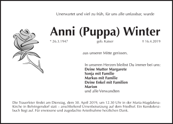 Traueranzeige von Anni Winter von Pegnitz-Zeitung