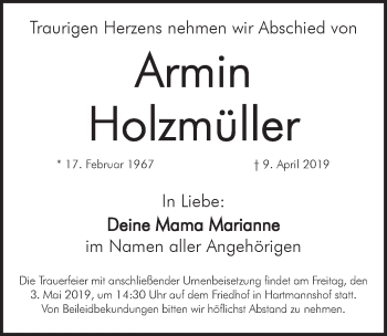 Traueranzeige von Armin Holzmüller von Hersbrucker Zeitung