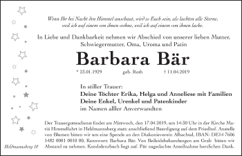 Traueranzeige von Barbara Bär von Hersbrucker Zeitung