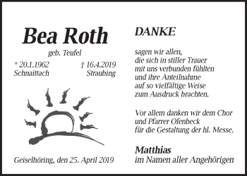 Traueranzeige von Bea Roth von Pegnitz-Zeitung