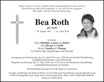 Traueranzeige von Bea Roth von Pegnitz-Zeitung