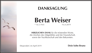 Traueranzeige von Berta Weiser von Pegnitz-Zeitung