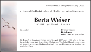 Traueranzeige von Berta Weiser von Pegnitz-Zeitung