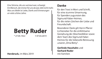 Traueranzeige von Betty Ruder von Hersbrucker Zeitung
