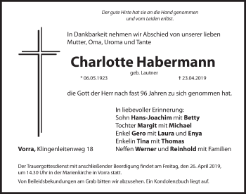 Traueranzeige von Charlotte Habermann von Hersbrucker Zeitung
