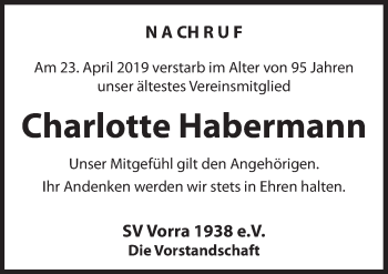 Traueranzeige von Charlotte Habermann von Hersbrucker Zeitung