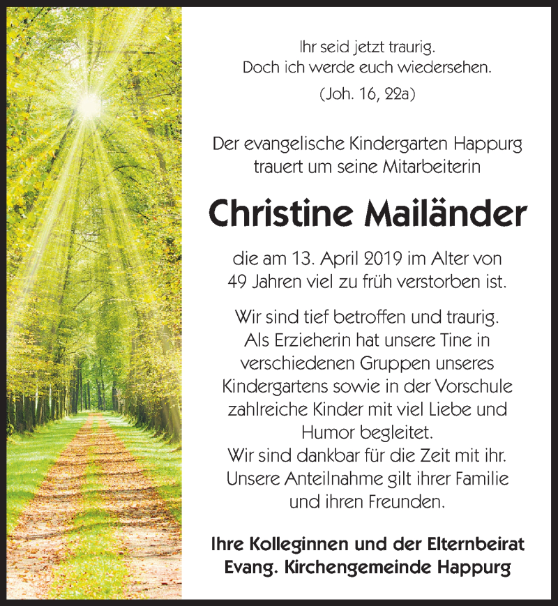  Traueranzeige für Christine Mailänder vom 20.04.2019 aus Hersbrucker Zeitung