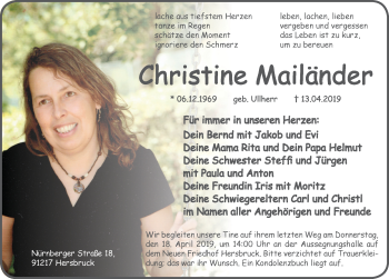 Traueranzeige von Christine Mailänder von Hersbrucker Zeitung