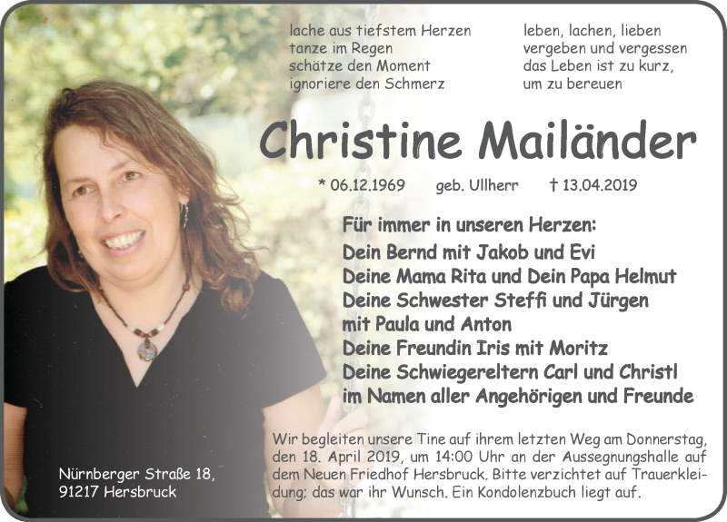  Traueranzeige für Christine Mailänder vom 16.04.2019 aus Hersbrucker Zeitung
