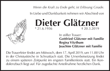 Traueranzeige von Dieter Glätzner von Pegnitz-Zeitung