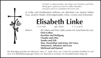 Traueranzeige von Elisabeth Linke von Pegnitz-Zeitung