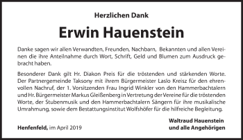 Traueranzeige von Erwin Hauenstein von Hersbrucker Zeitung