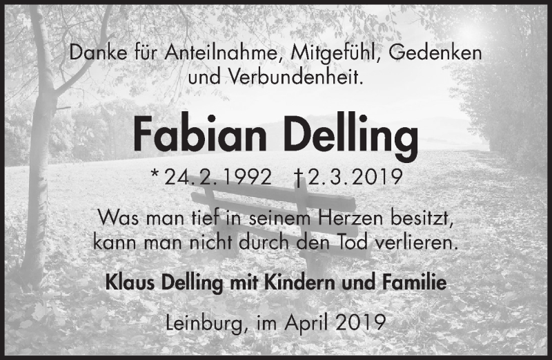  Traueranzeige für Fabian Delling vom 06.04.2019 aus Hersbrucker Zeitung