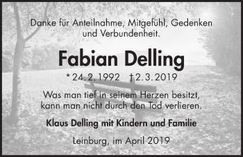 Traueranzeige von Fabian Delling von Der Bote