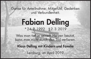 Traueranzeige von Fabian Delling von Hersbrucker Zeitung